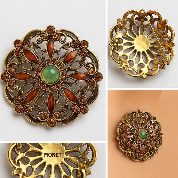 Vintage Monet Brooch Gold Tone Enamel Filigree Green Center Stone Preowned Mint - Picture 1 of 5